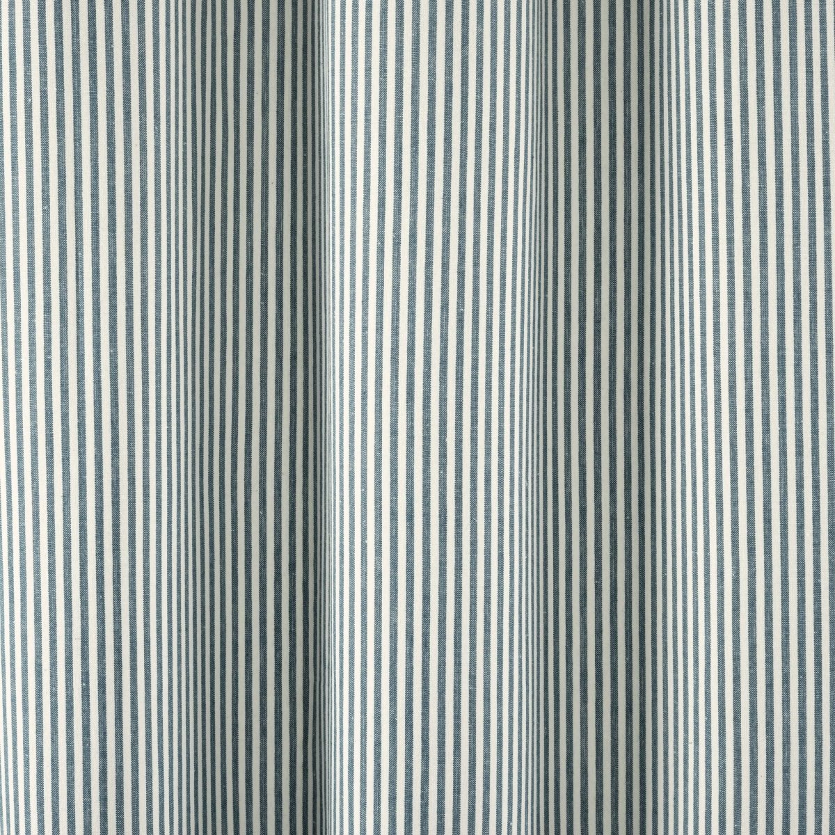 Farmhouse Vintage Stripe Yarn Dyed Recycled Cotton Blend Shower Curtain fabric close-up in blue and cream stripes.