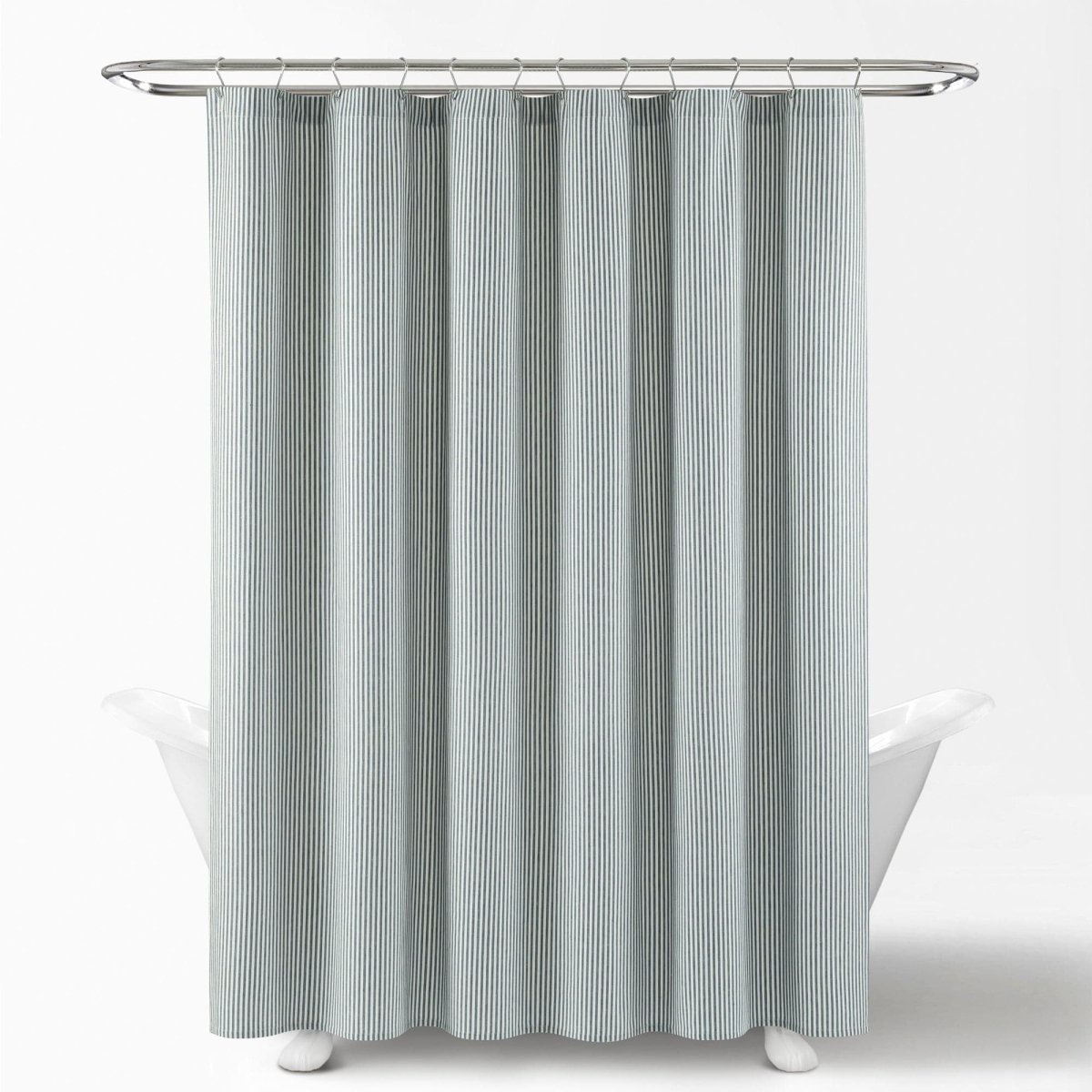 Farmhouse Vintage Stripe Yarn Dyed Recycled Cotton Blend Shower Curtain in a cozy bathroom setting.