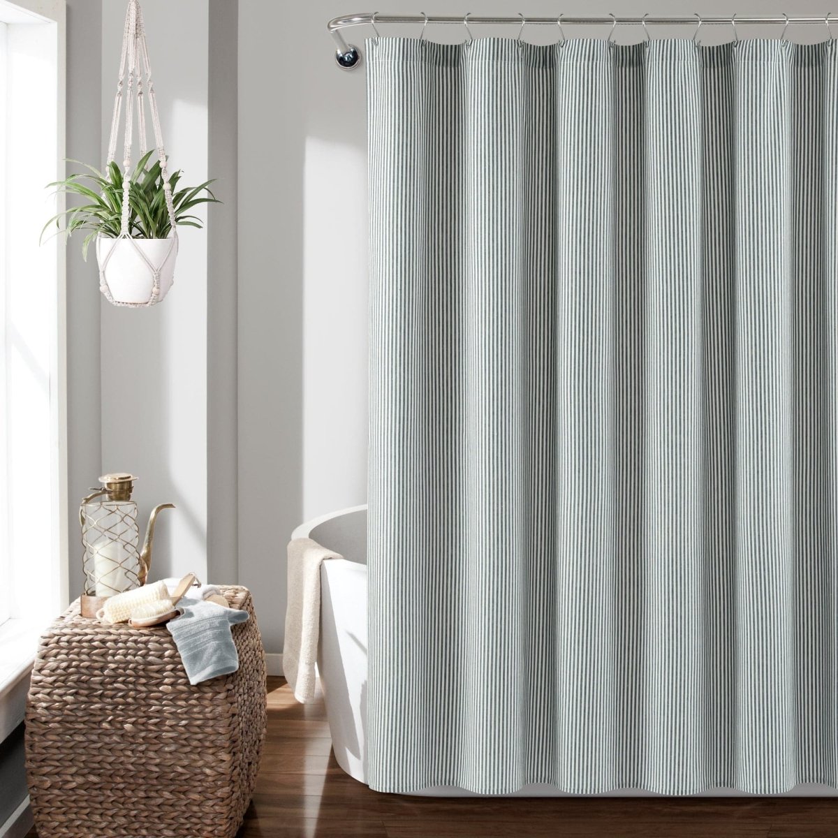 Farmhouse Vintage Stripe Yarn Dyed Recycled Cotton Blend Shower Curtain in a bright bathroom setting.