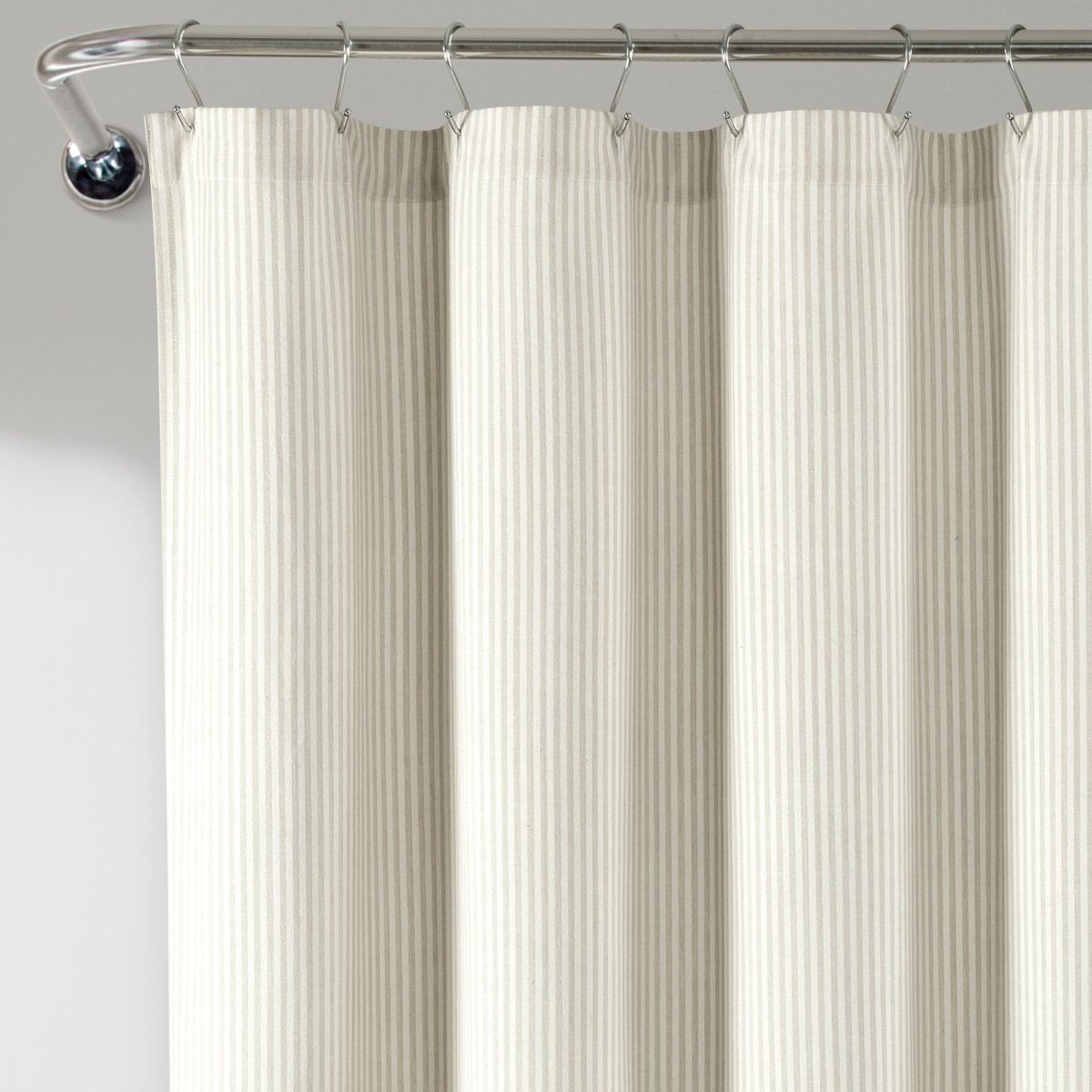 Farmhouse Vintage Stripe Yarn Dyed Recycled Cotton Blend Shower Curtain hanging on rod.