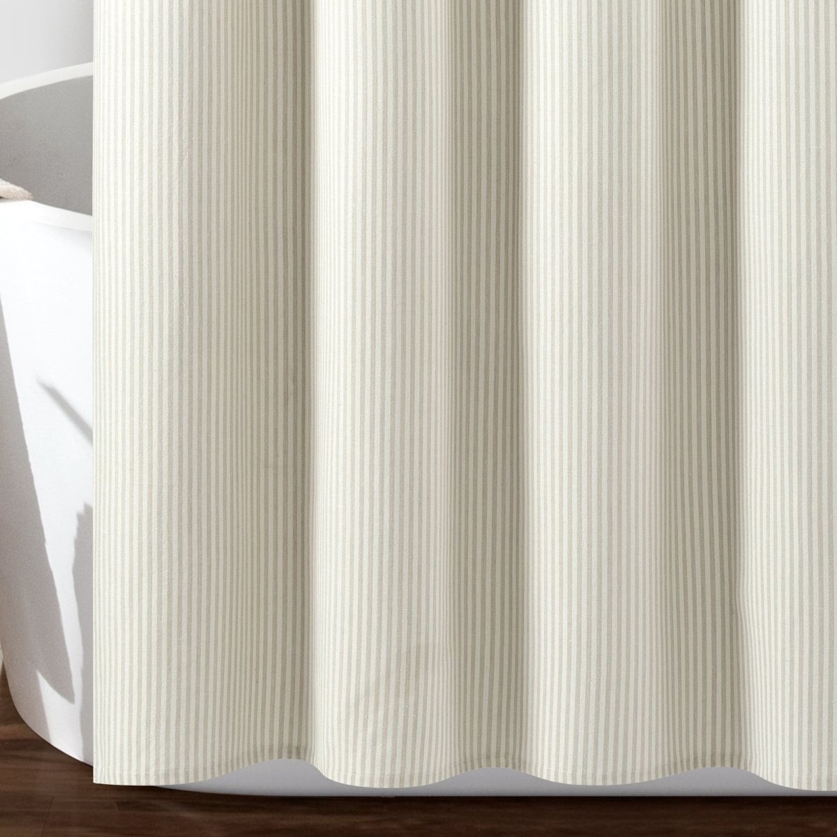Farmhouse vintage stripe shower curtain made of soft yarn dyed recycled cotton blend, enhancing bathroom decor.