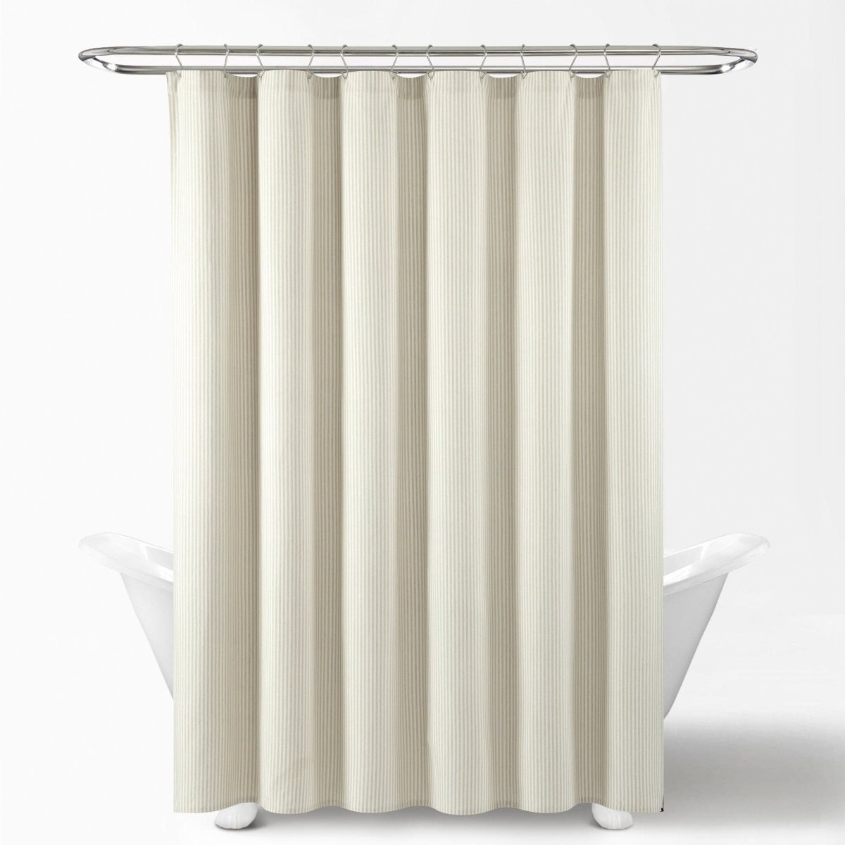 Farmhouse Vintage Stripe Yarn Dyed Recycled Cotton Blend Shower Curtain hanging in a white bathtub.