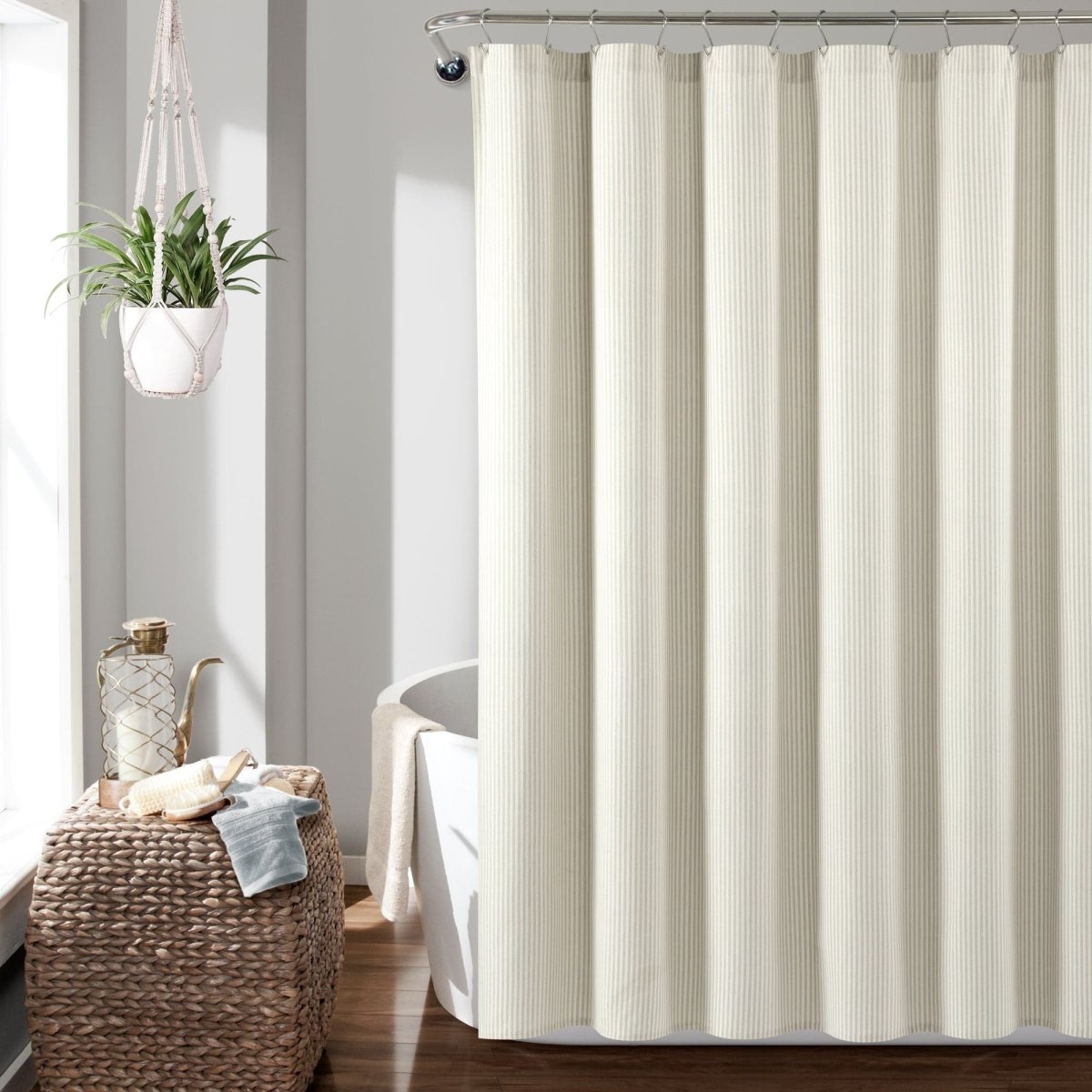 Farmhouse Vintage Stripe Yarn Dyed Recycled Cotton Blend Shower Curtain in a stylish bathroom setting.