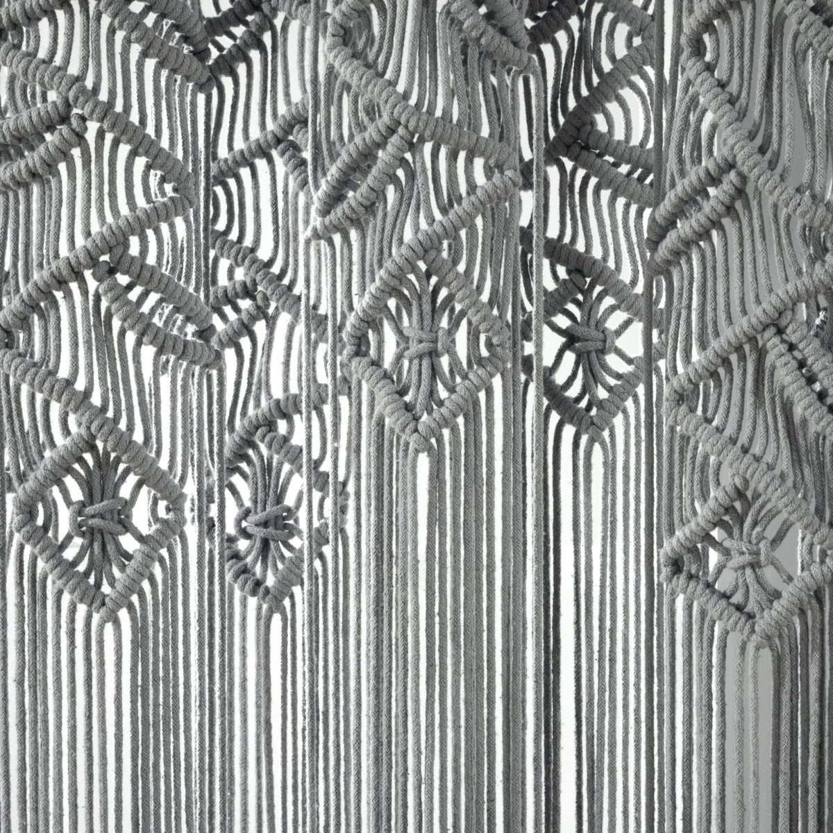Detailed macrame design showcasing intricate knots and patterns for a Boho Macrame Leaf Cotton Window Curtain.