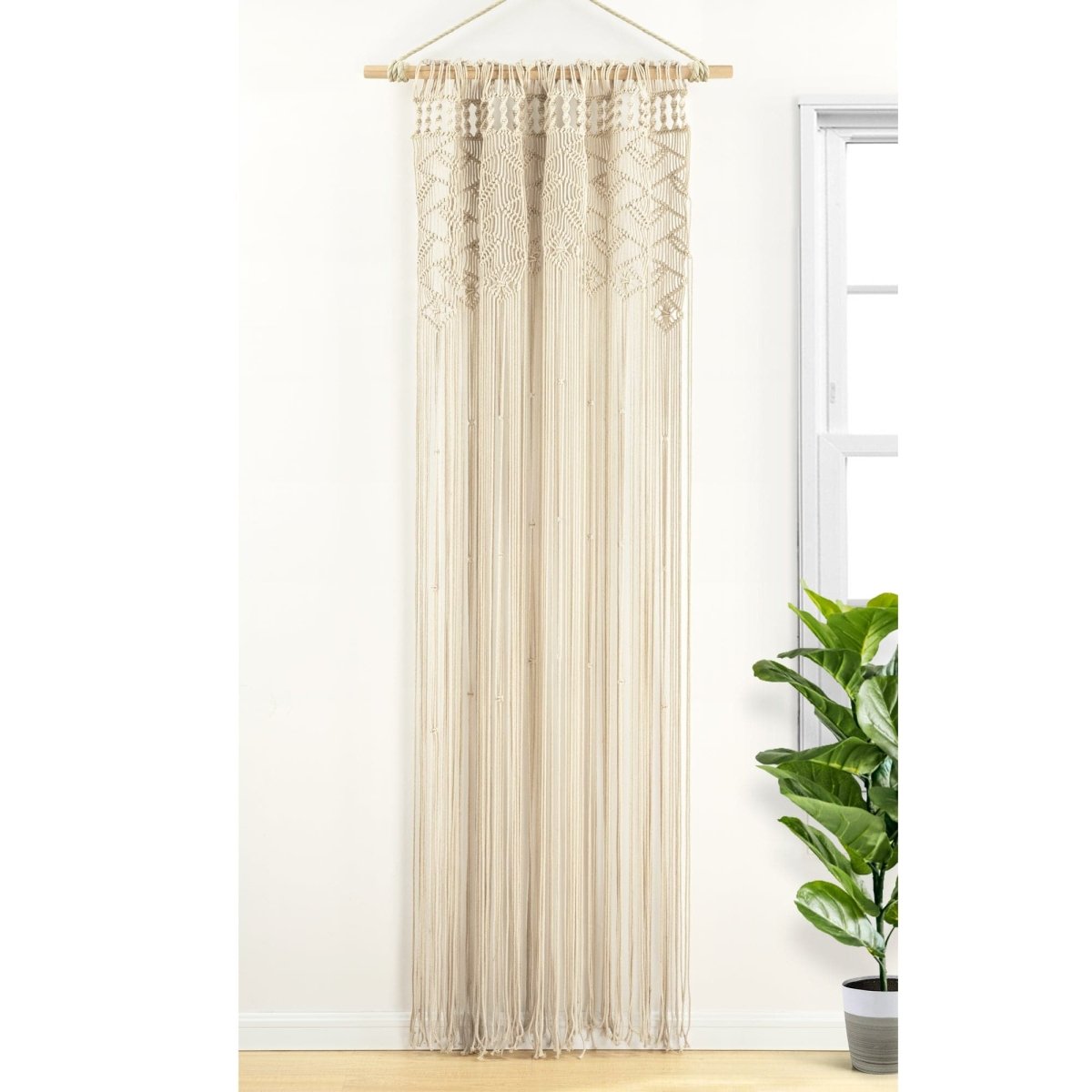 Boho Macrame Leaf Cotton Window Curtain beautifully designed in beige, featuring intricate knots and flowy fringe.