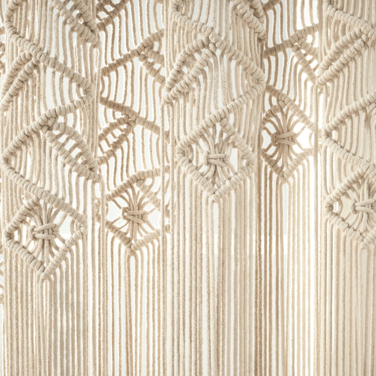 Boho Macrame Leaf Cotton Window Curtain close-up showcasing intricate macrame knots and fringe design.