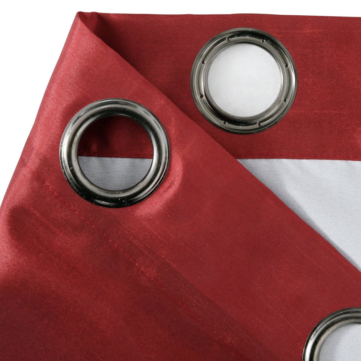 Close-up of Faux Silk 100% Blackout Window Curtain with grommets in red fabric, showcasing elegant design.