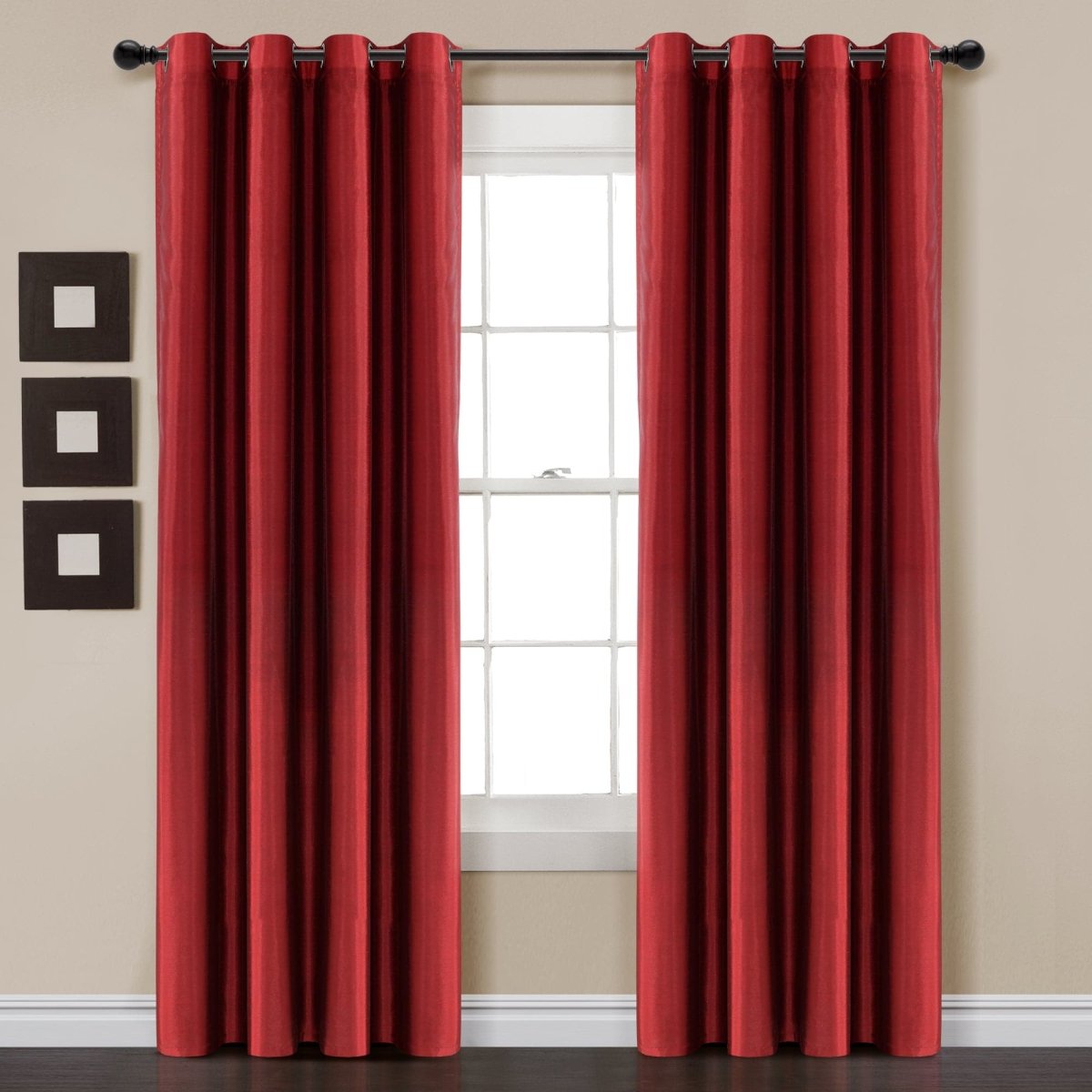 Red Faux Silk Blackout Window Curtain panels with grommets, adding elegance and privacy to home decor.