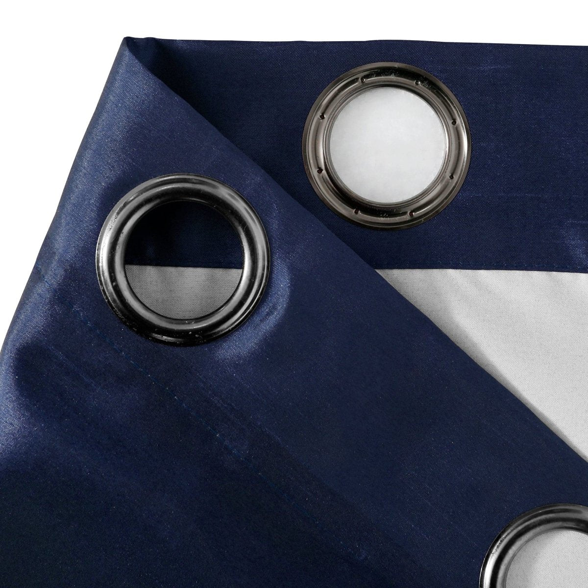 Close-up of Faux Silk 100% Blackout Window Curtain panel with grommets, showcasing luxurious texture and design.