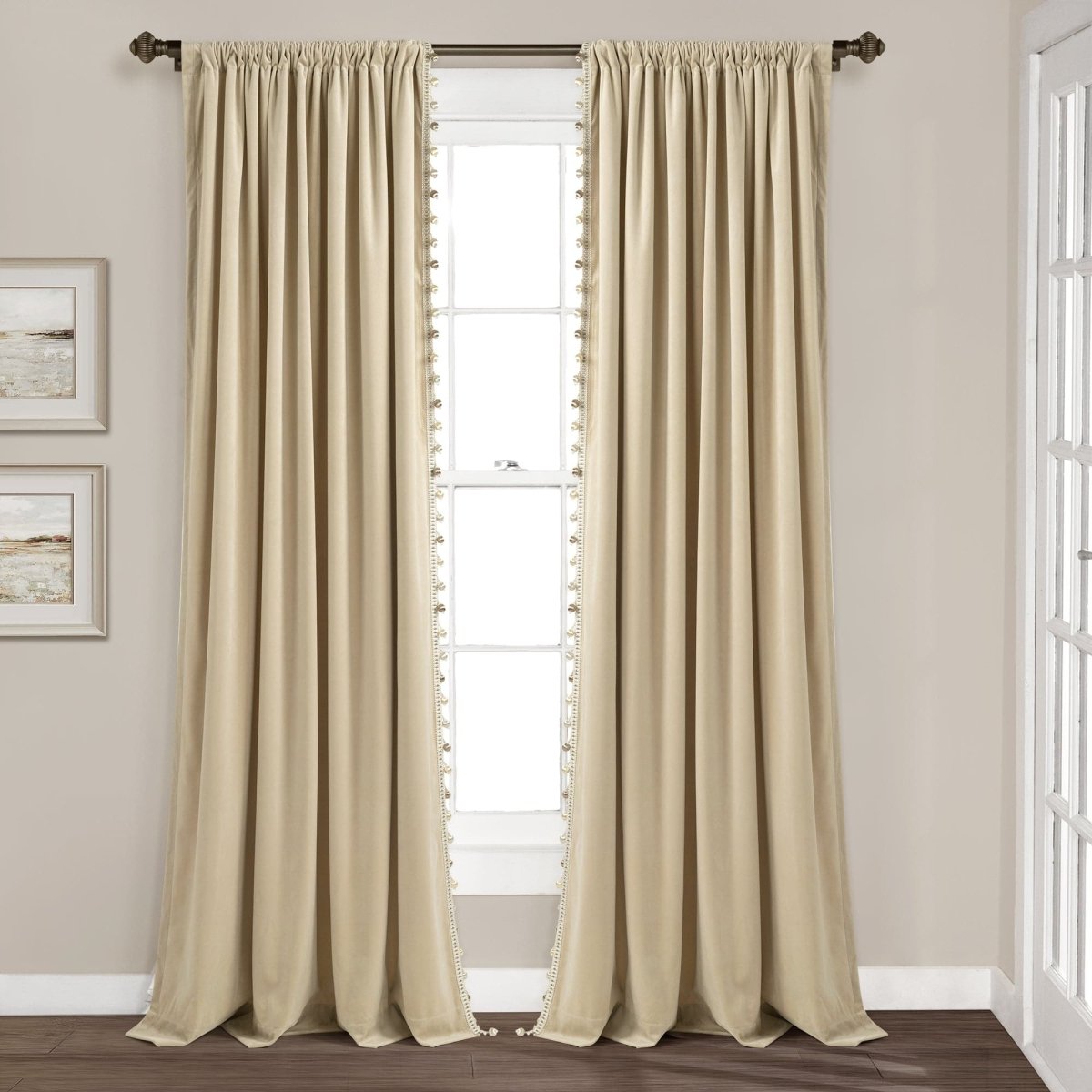 Luxury Vintage Velvet With Silky Pompom Trim Window Curtain (Single Panel)
