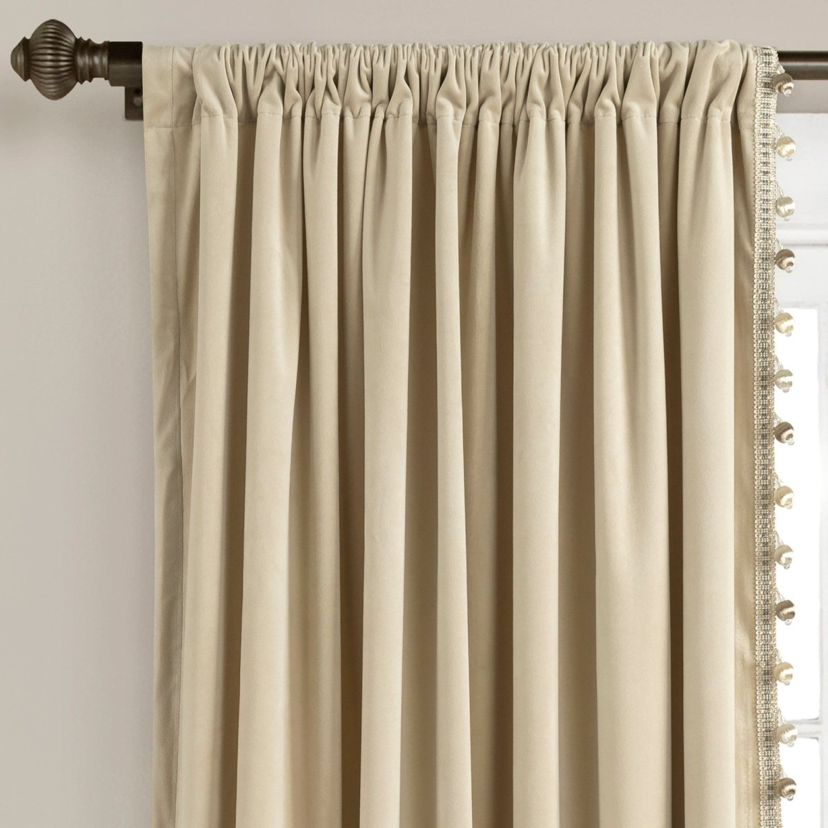 Luxury Vintage Velvet With Silky Pompom Trim Window Curtain (Single Panel)