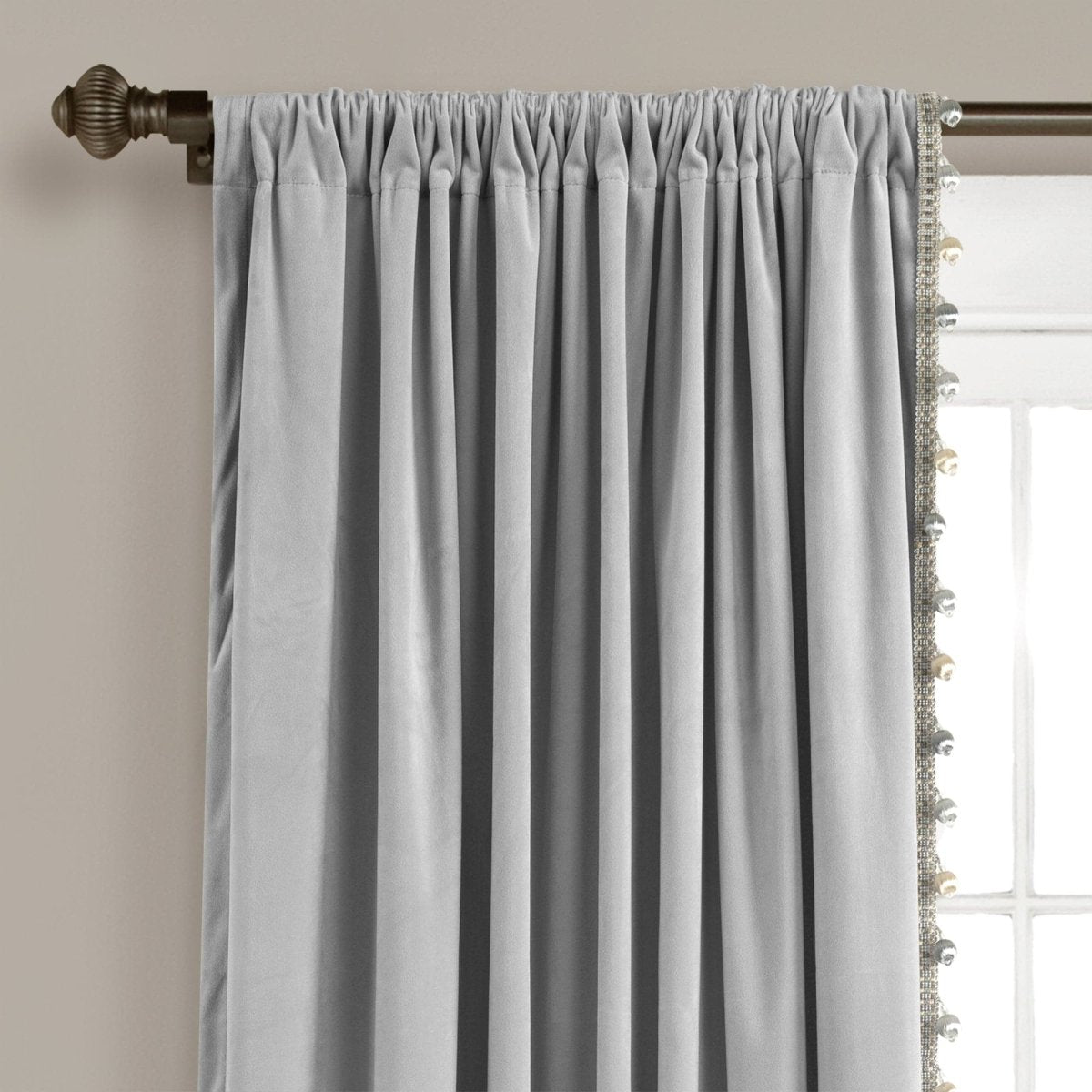 Luxury Vintage Velvet With Silky Pompom Trim Window Curtain (Single Panel)