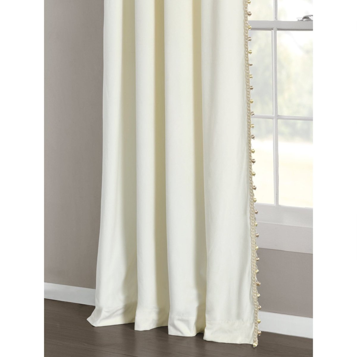 Luxury Vintage Velvet With Silky Pompom Trim Window Curtain (Single Panel)