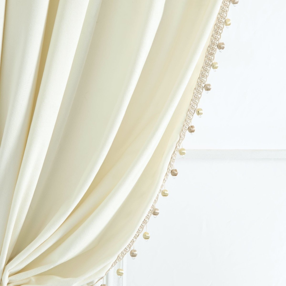 Luxury Vintage Velvet With Silky Pompom Trim Window Curtain (Single Panel)