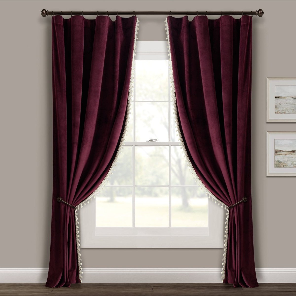 Luxury Vintage Velvet With Silky Pompom Trim Window Curtain (Single Panel)