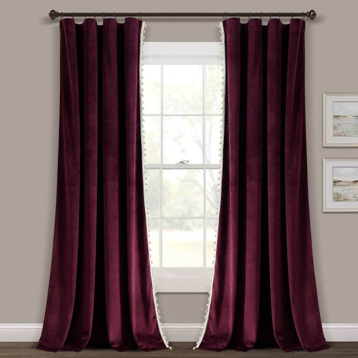 Luxury Vintage Velvet With Silky Pompom Trim Window Curtain (Single Panel)