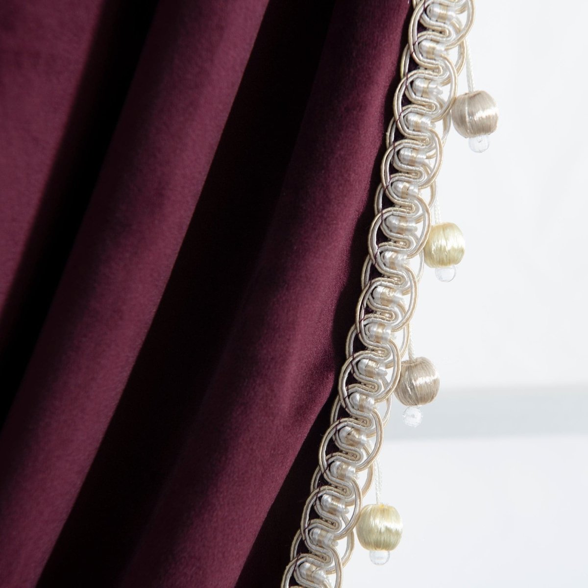 Luxury Vintage Velvet With Silky Pompom Trim Window Curtain (Single Panel)