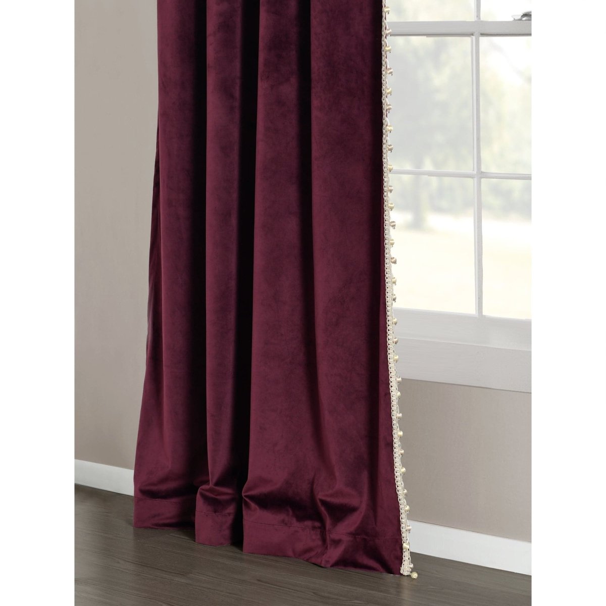 Luxury Vintage Velvet With Silky Pompom Trim Window Curtain (Single Panel)
