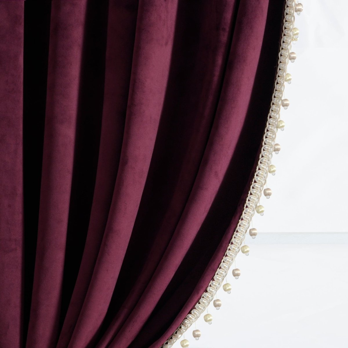 Luxury Vintage Velvet With Silky Pompom Trim Window Curtain (Single Panel)