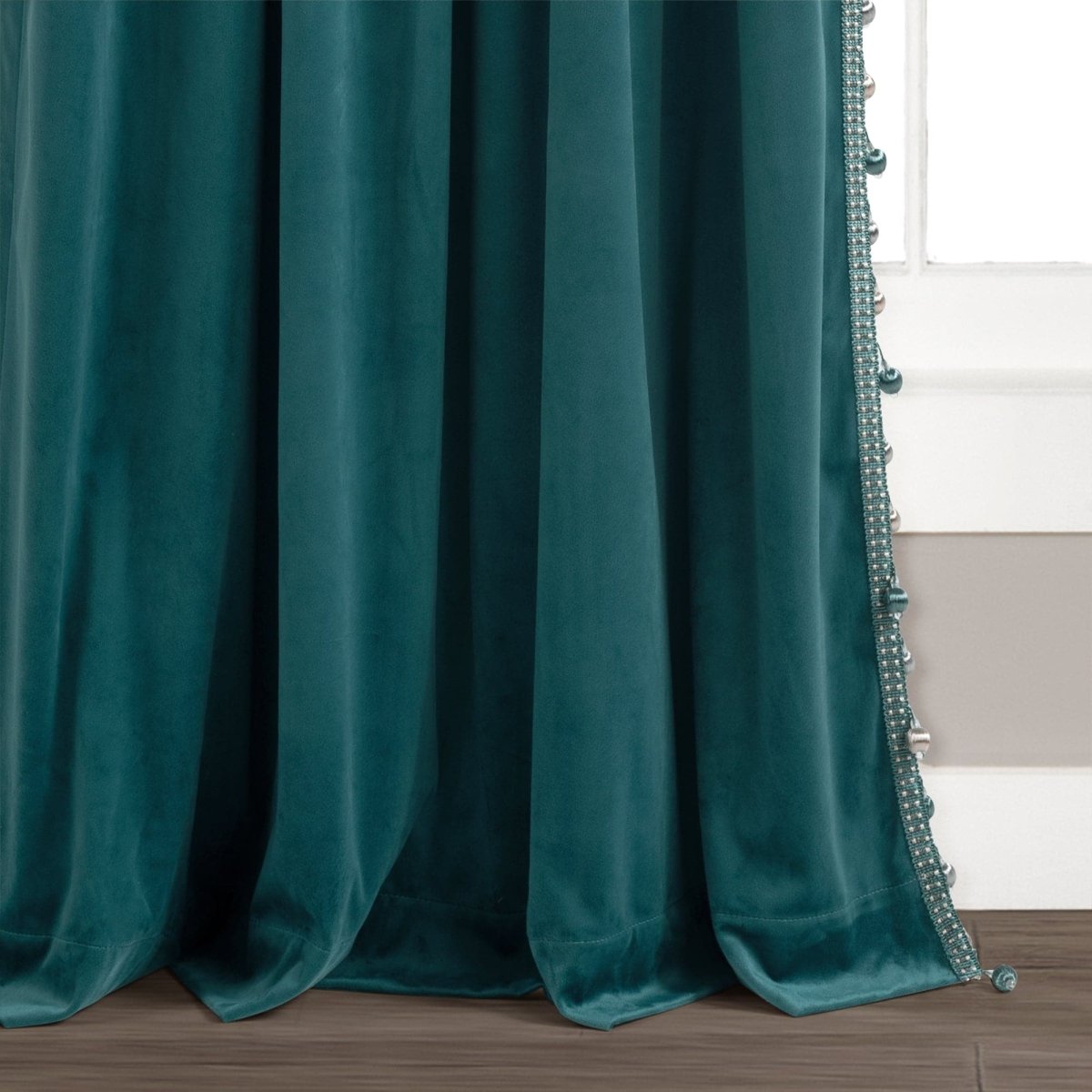 Luxury Vintage Velvet With Silky Pompom Trim Window Curtain (Single Panel)