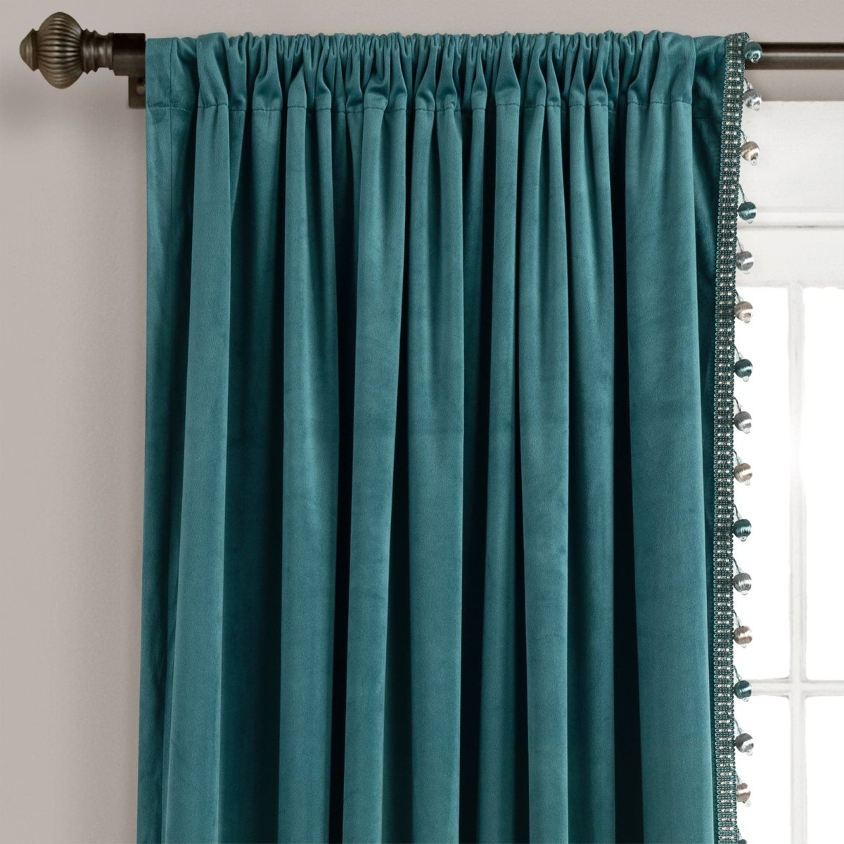 Luxury Vintage Velvet With Silky Pompom Trim Window Curtain (Single Panel)