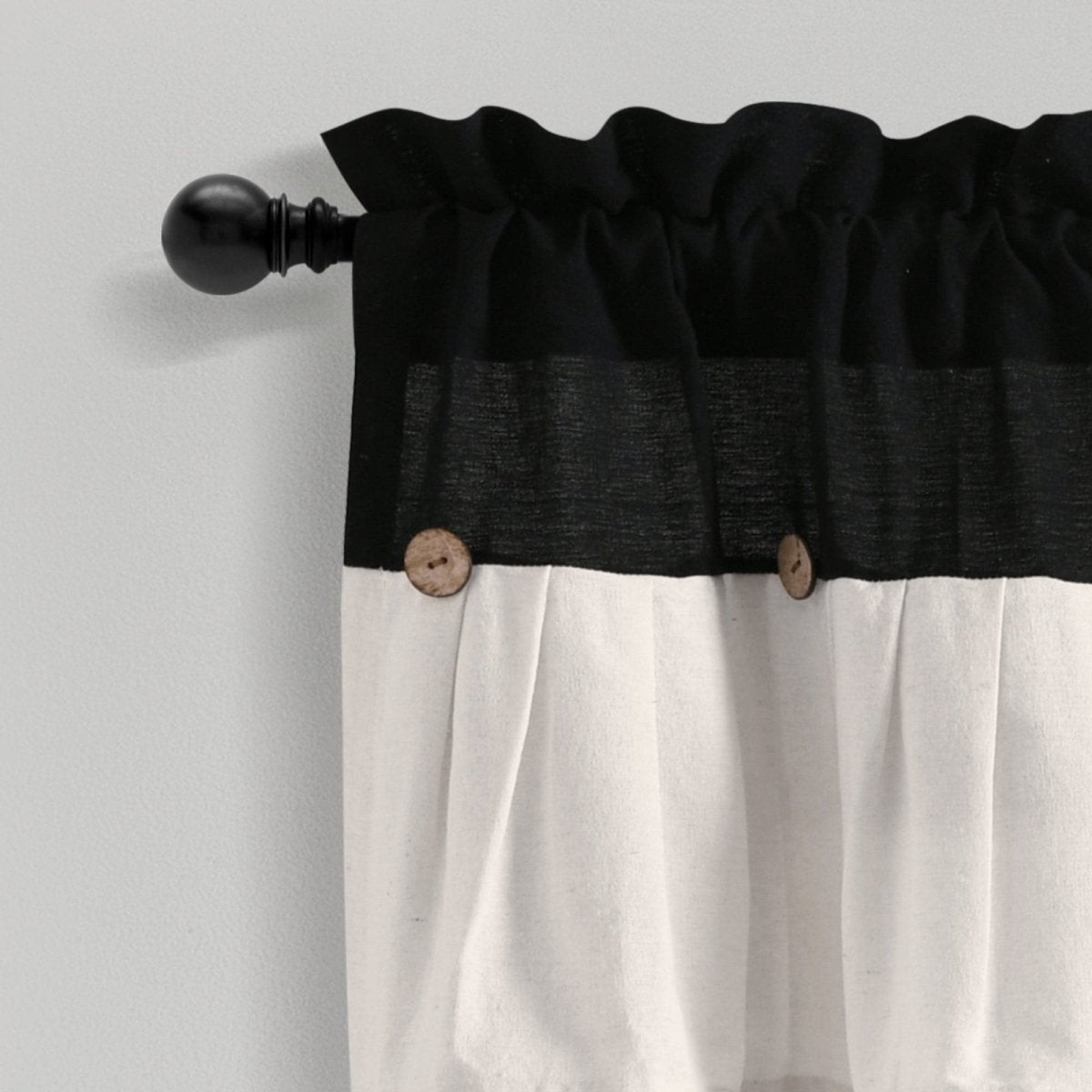 Linen Button Valance featuring pleats and wooden buttons, perfect for adding farmhouse flair to your home decor.