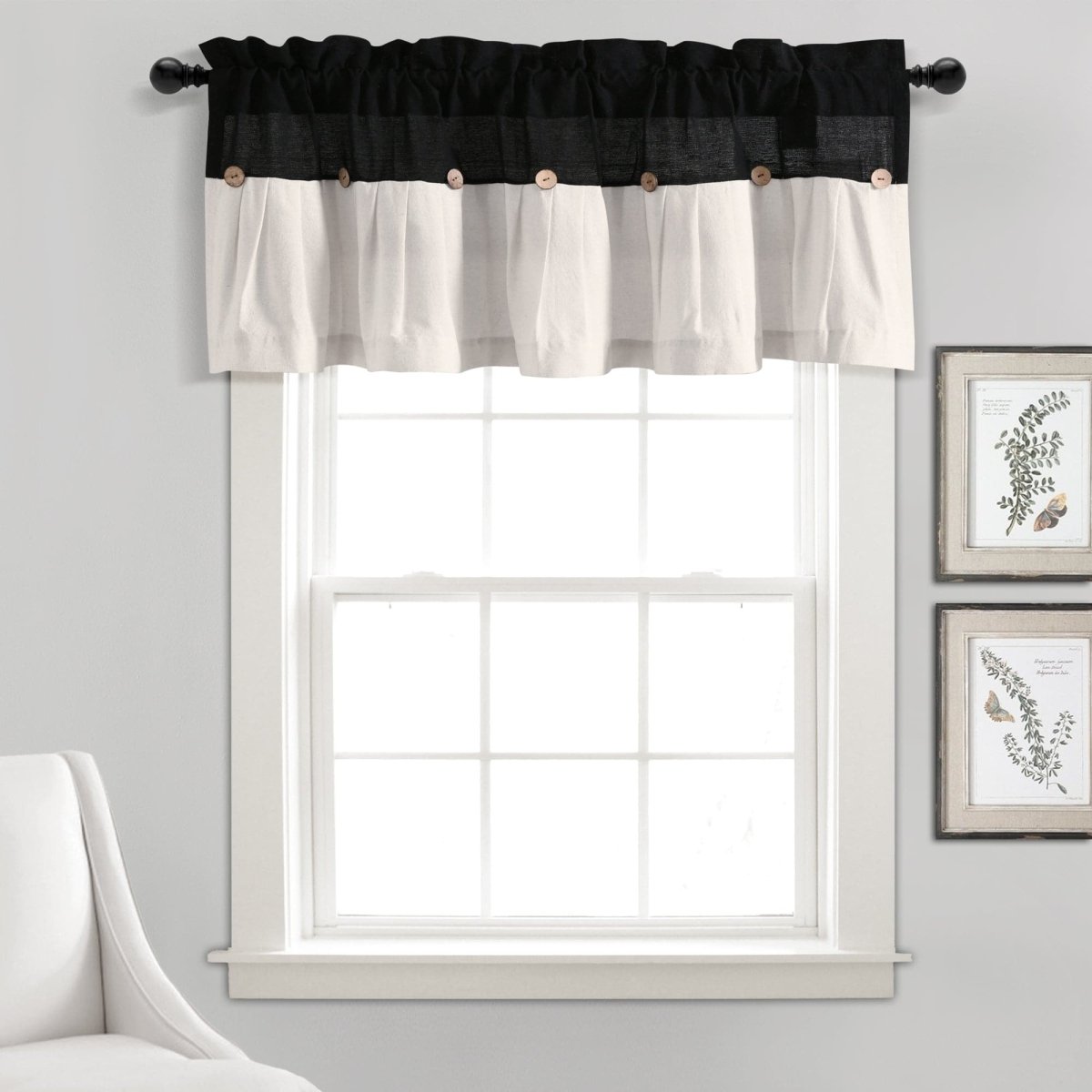 Linen Button Valance featuring a black and white color block design with buttons and pleats for farmhouse decor.