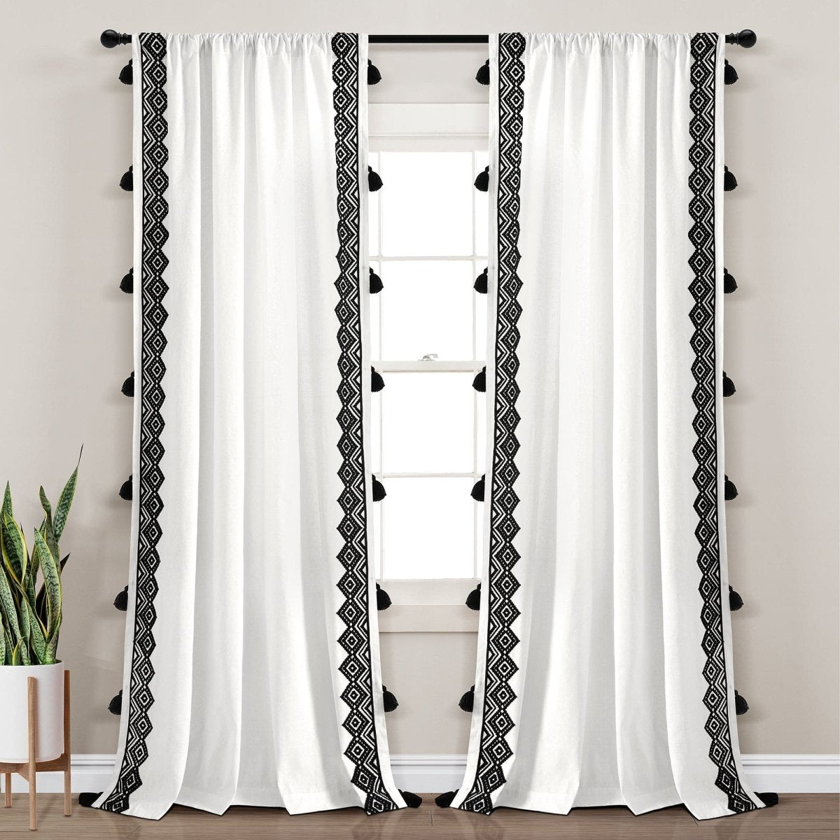 Aztec Diamond Border Tassel Window Curtain (Single Panel)