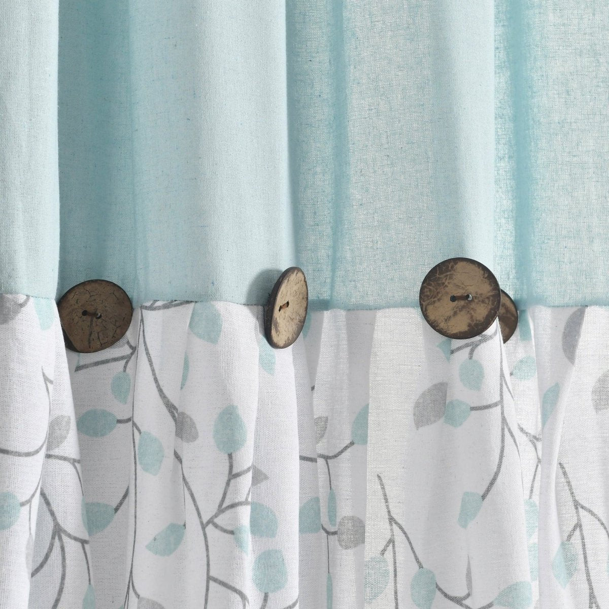 Linen Button Botanical Garden Window Curtain featuring floral print and decorative buttons in a soft pastel color scheme.