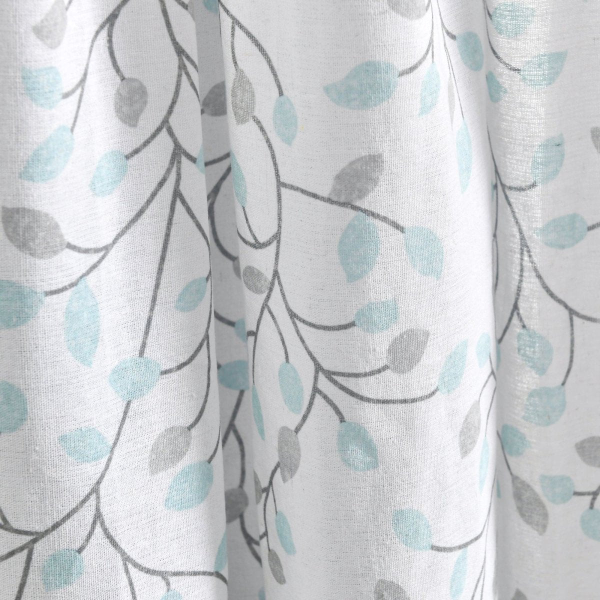 Linen Button Botanical Garden Window Curtain close-up showcasing delicate floral patterns in blue and gray.