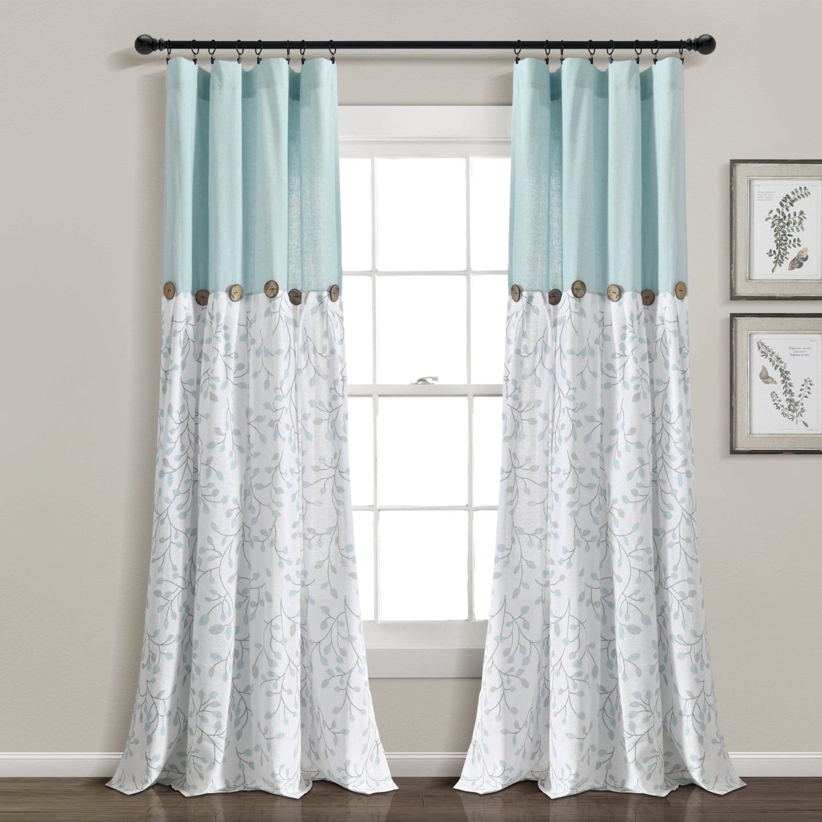 Linen Button Botanical Garden Window Curtain displayed in a bright room with floral patterns and decorative buttons.