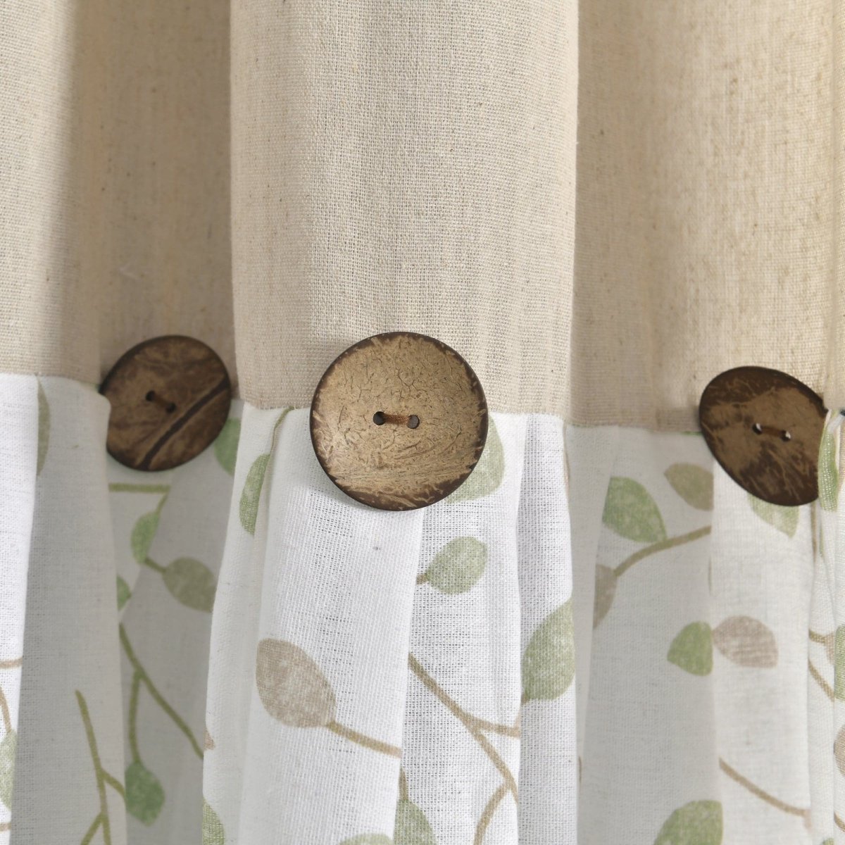 Linen Button Botanical Garden Window Curtain featuring floral patterns and decorative buttons for a farmhouse aesthetic.