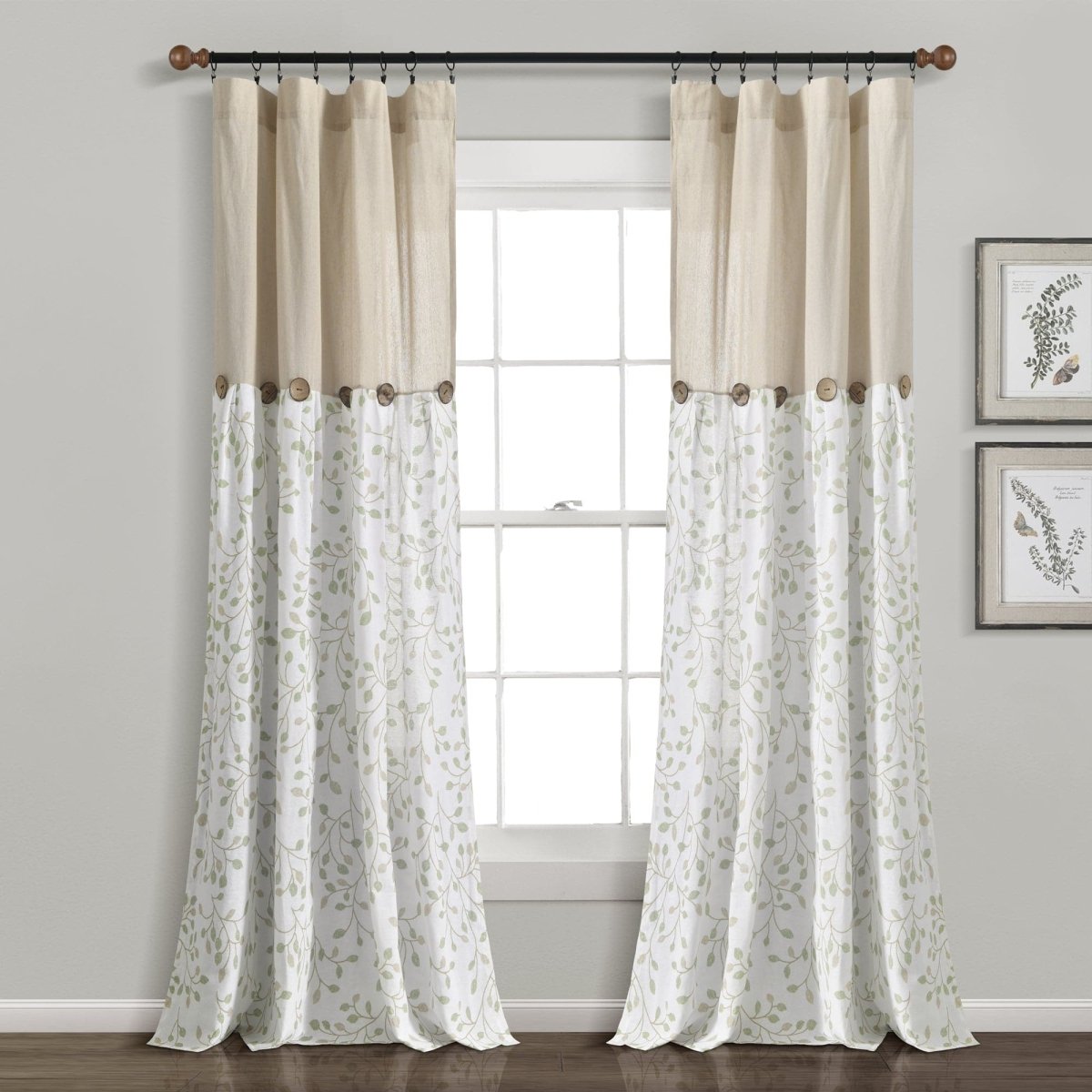 Linen Button Botanical Garden Window Curtain featuring airy floral prints and buttons, ideal for farmhouse style interiors.