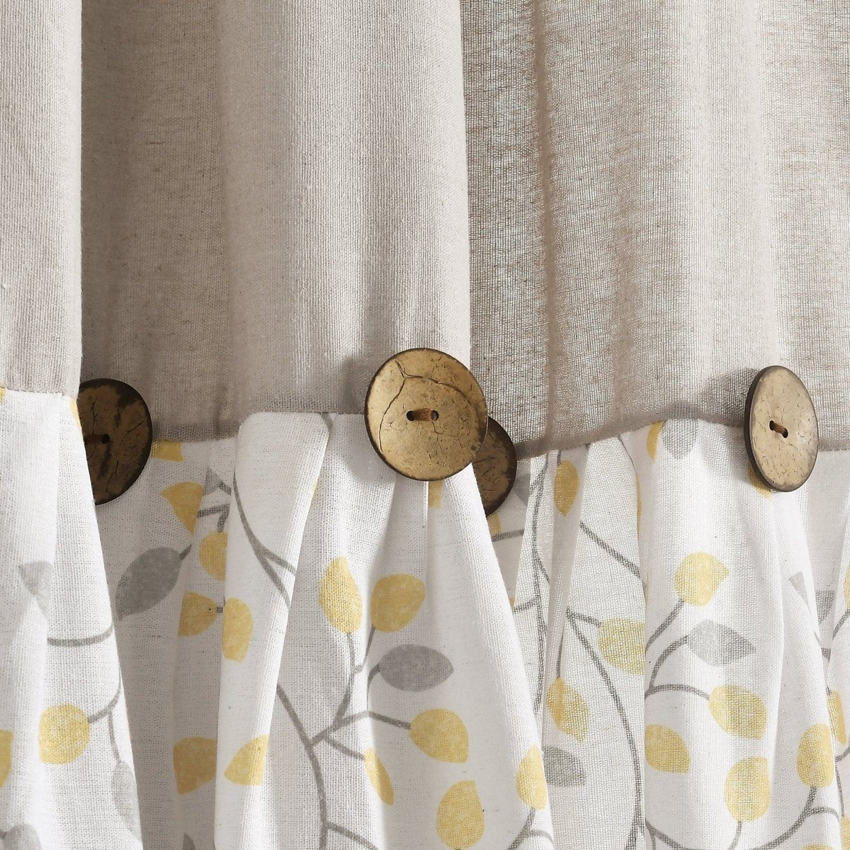Linen Button Botanical Garden Window Curtain featuring ornamental buttons and floral prints for a farmhouse look.