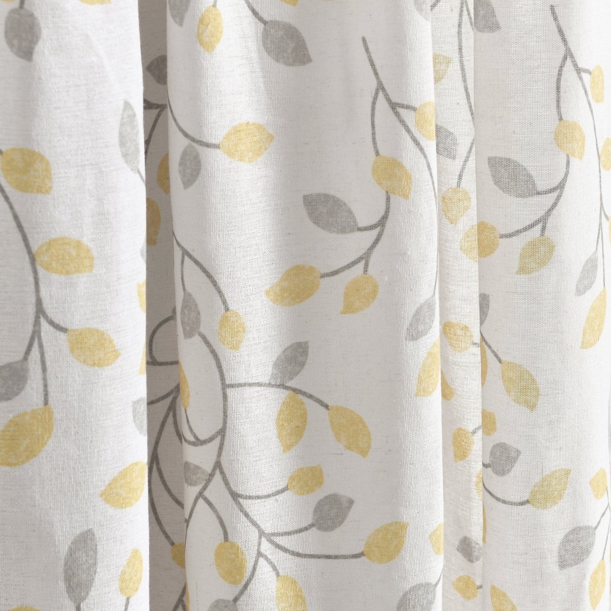 Linen Button Botanical Garden Window Curtain featuring a soft floral pattern in gray and yellow on a light background.