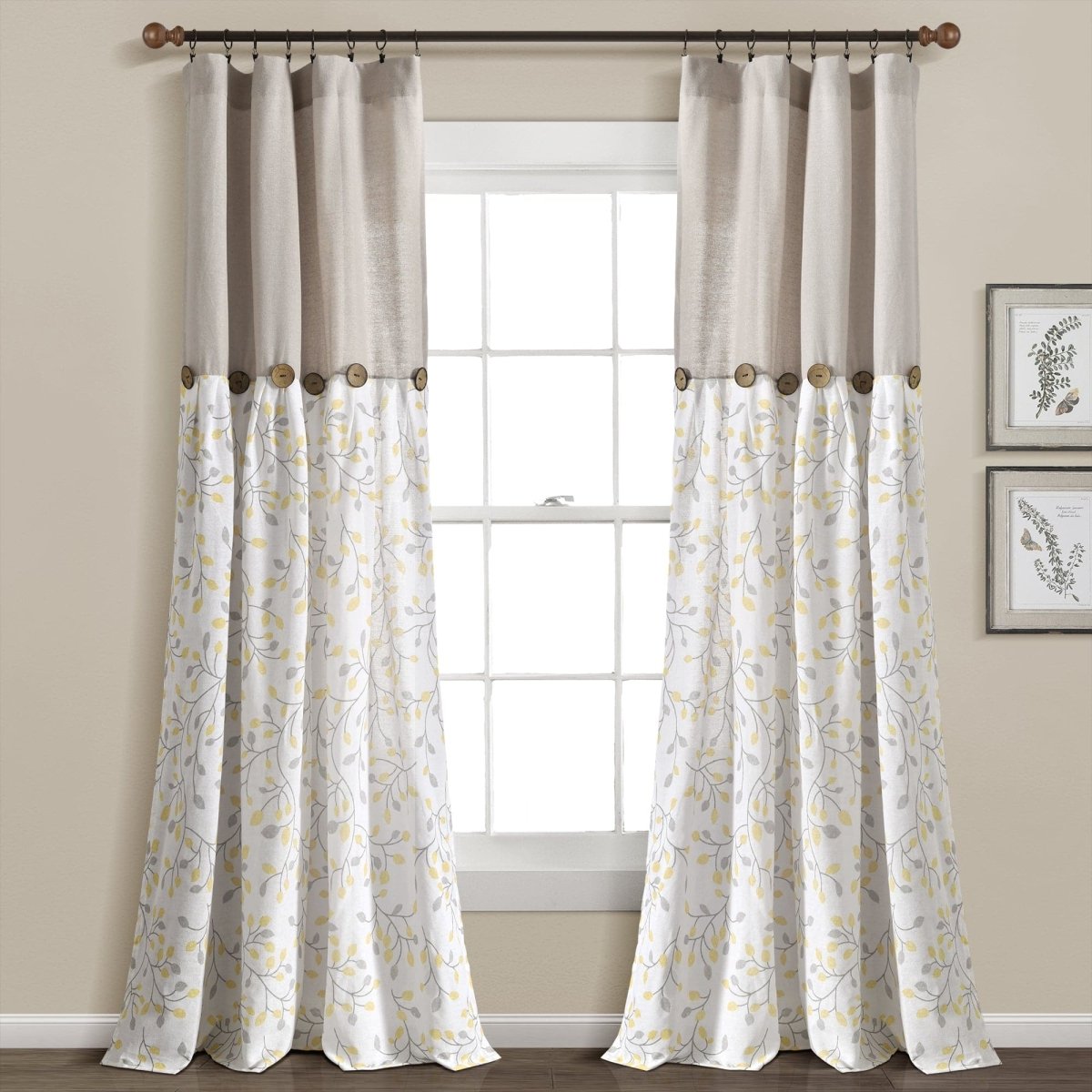 Linen Button Botanical Garden Window Curtain showcasing floral patterns with buttons in a farmhouse styled living room.