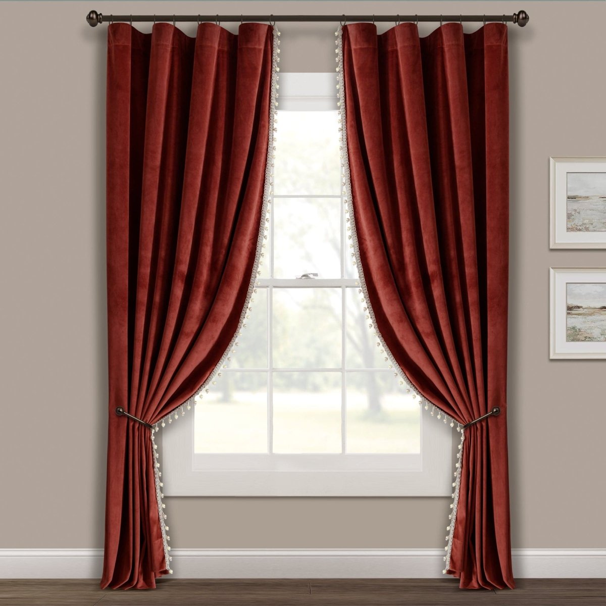 Luxury Vintage Velvet With Silky Pompom Trim Window Curtain (Single Panel)