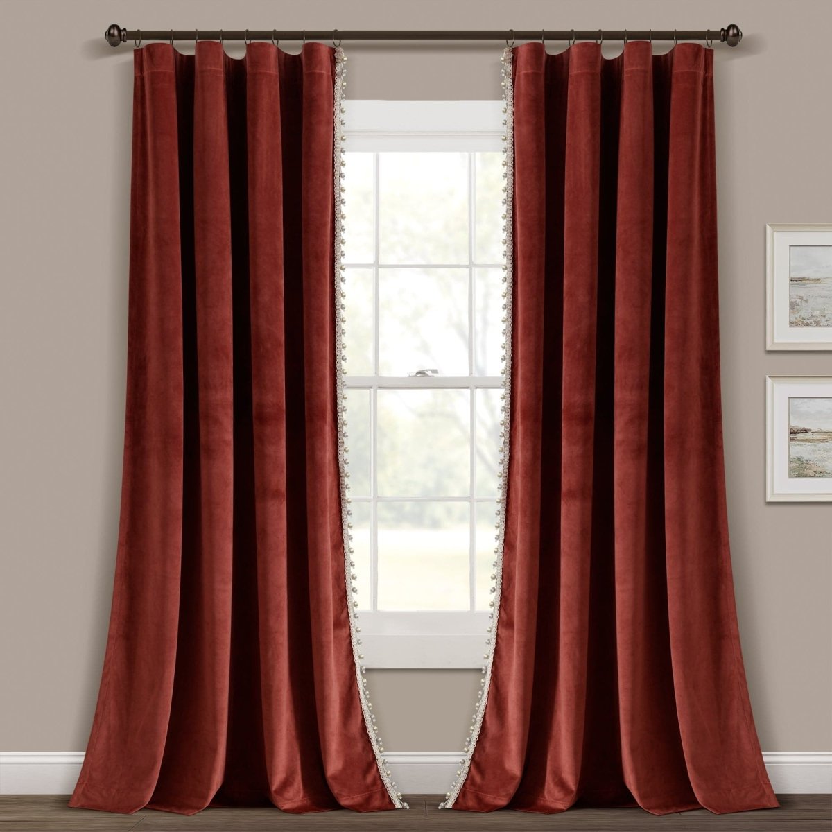 Luxury Vintage Velvet With Silky Pompom Trim Window Curtain (Single Panel)