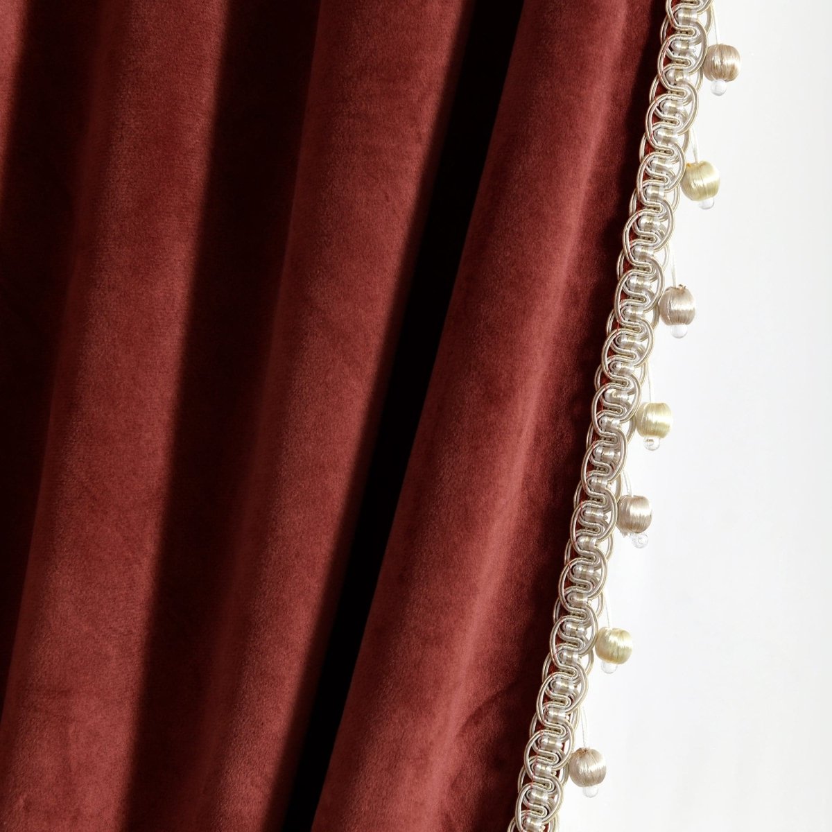 Luxury Vintage Velvet With Silky Pompom Trim Window Curtain (Single Panel)