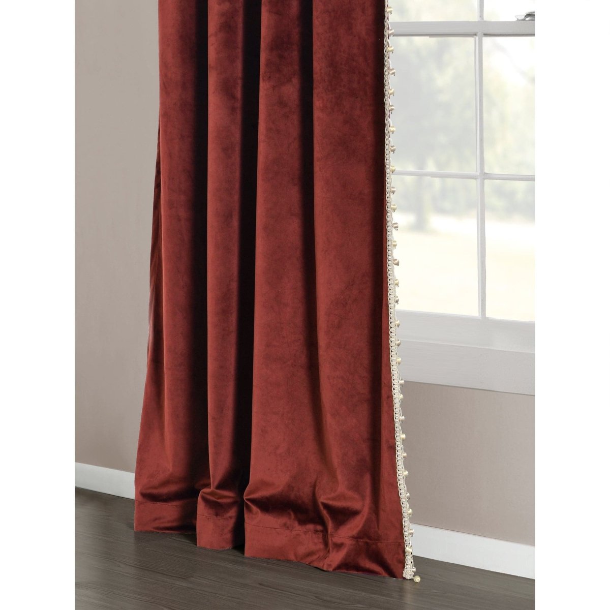 Luxury Vintage Velvet With Silky Pompom Trim Window Curtain (Single Panel)
