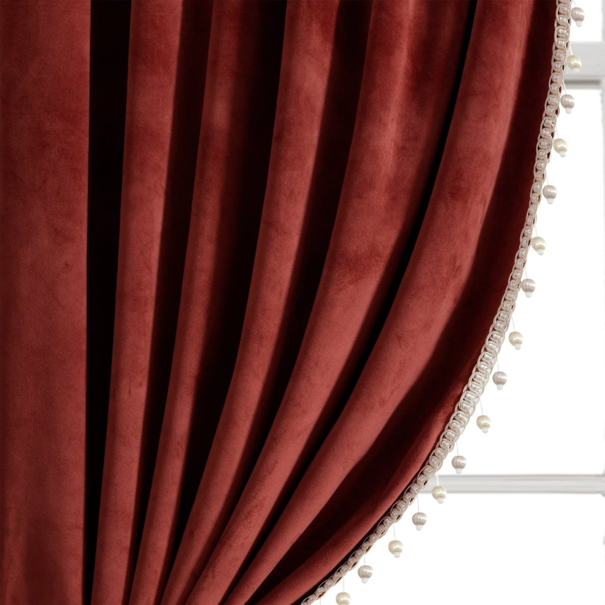 Luxury Vintage Velvet With Silky Pompom Trim Window Curtain (Single Panel)