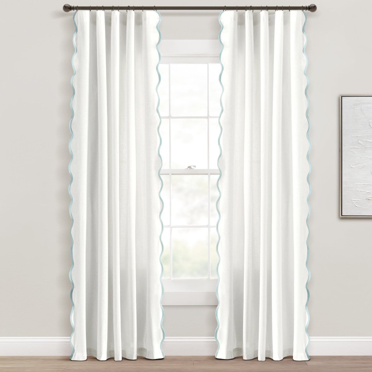 Coastal Chic Scalloped Edge Window Curtain Panel Set in a light airy setting, perfect for a beachy home design.