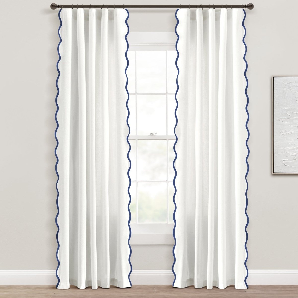 Coastal Chic Scalloped Edge Window Curtain Panel Set in white with blue scalloped trim, enhancing a bright room.