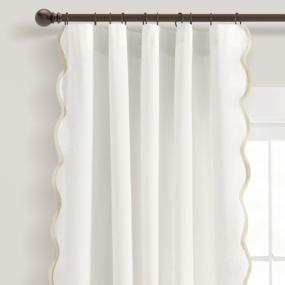 Coastal Chic Scalloped Edge Window Curtain Panel Set showcasing a sheer white fabric with a scalloped edge design.