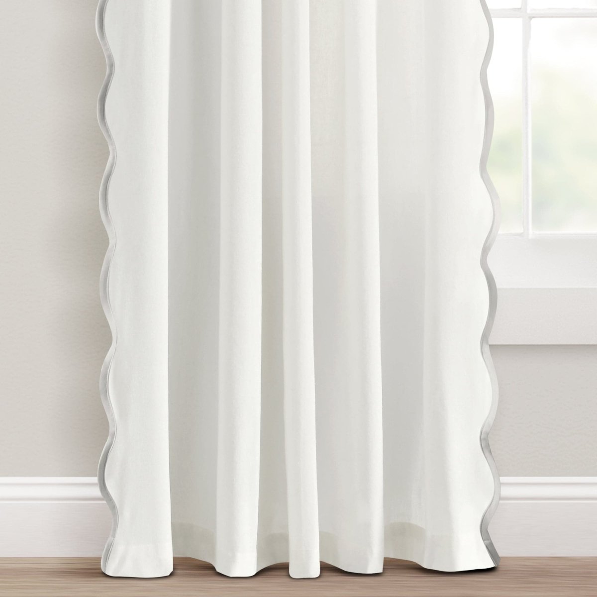 Coastal Chic Scalloped Edge Window Curtain Panel Set showcasing airy white fabric and scalloped edges for a beachy decor.