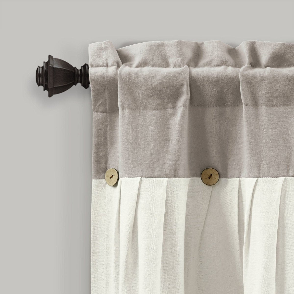 Linen Button Valance with pleats and buttons, showcasing a farmhouse chic design and a blend of natural fibers.