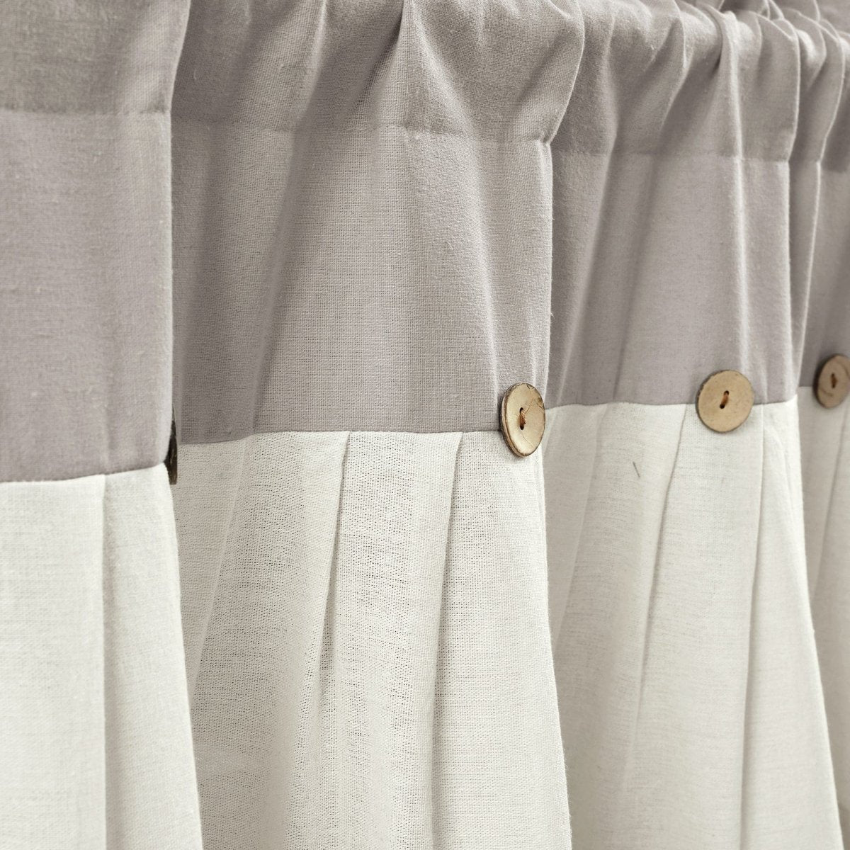 Linen Button Valance featuring pleats and buttons in a stylish color block design for farmhouse decor.