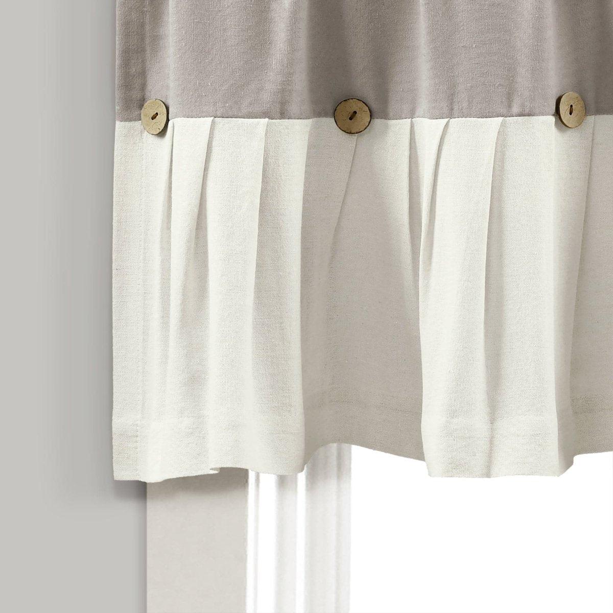 Linen Button Valance featuring pleats and buttons in a stylish color-blocked design.
