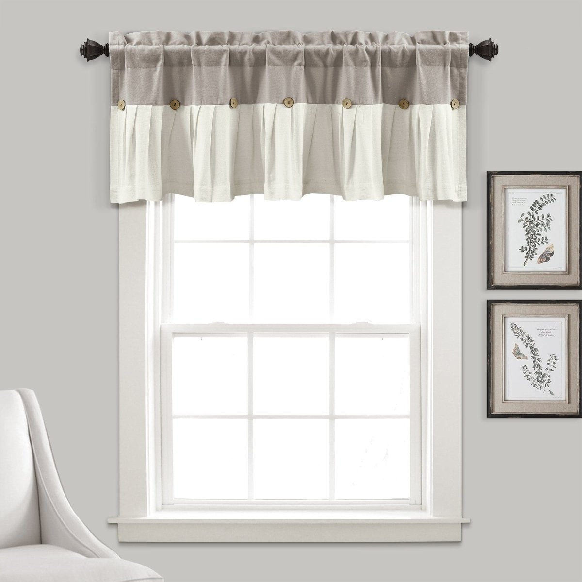 Linen Button Valance hanging over a window with decorative buttons, adding farmhouse charm to the room.