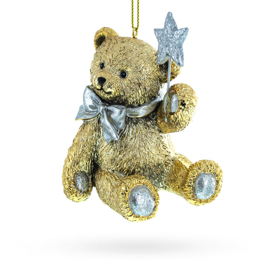 Gold Teddy Bear with a Sparkling Red Bow -Resin Christmas Ornament